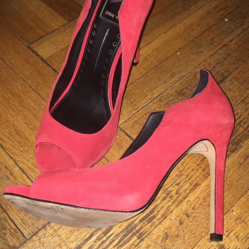 Red open toe pumps
